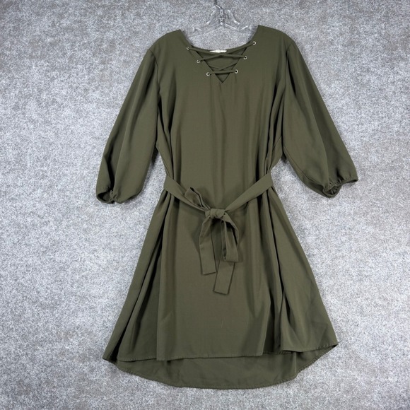 Maurices Dresses & Skirts - Maurices Womens XXL Olive Green Lace Up Belted Midi Dress Balloon Sleeve